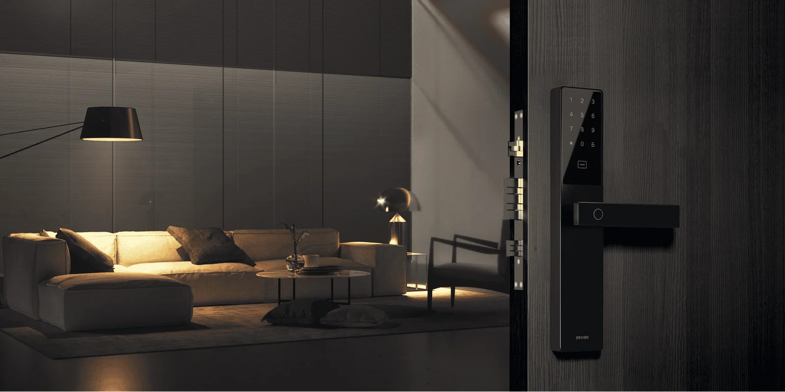 A smart lock beside a softly lit living room.